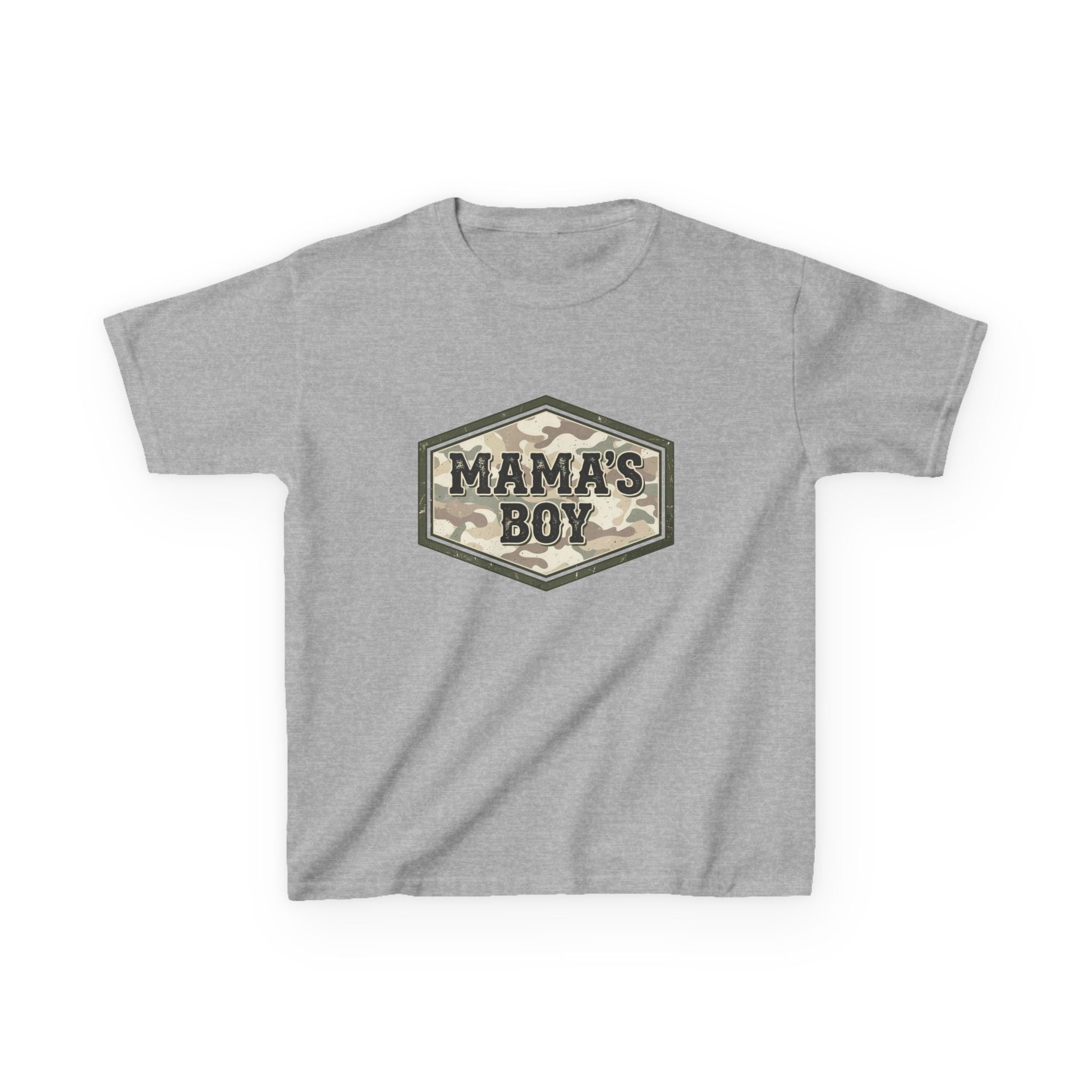Kids T-Shirt — "Mama's Boy" Camo Badge Tee