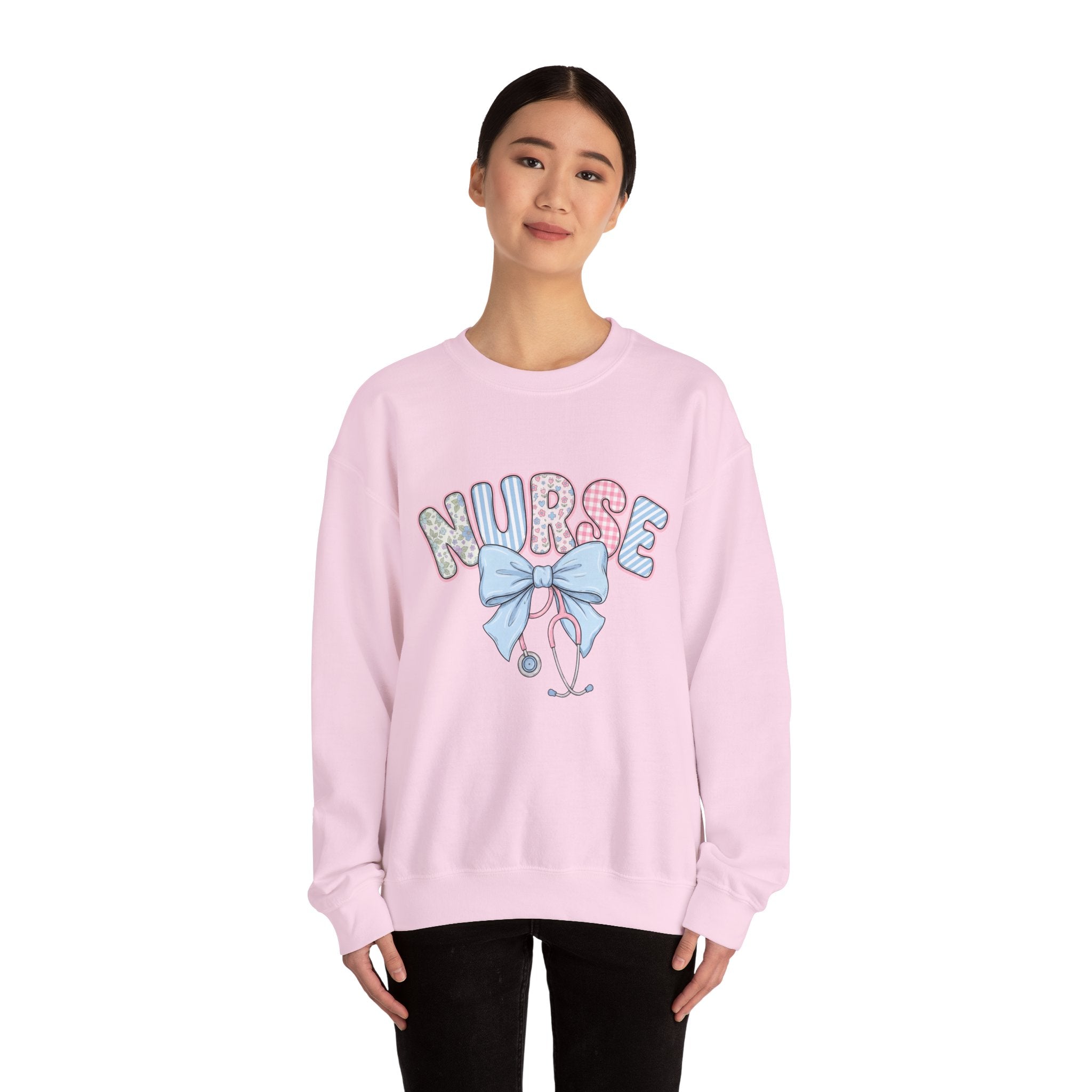 Nurse Crewneck Sweatshirt Pastel Bow & Stethoscope Design