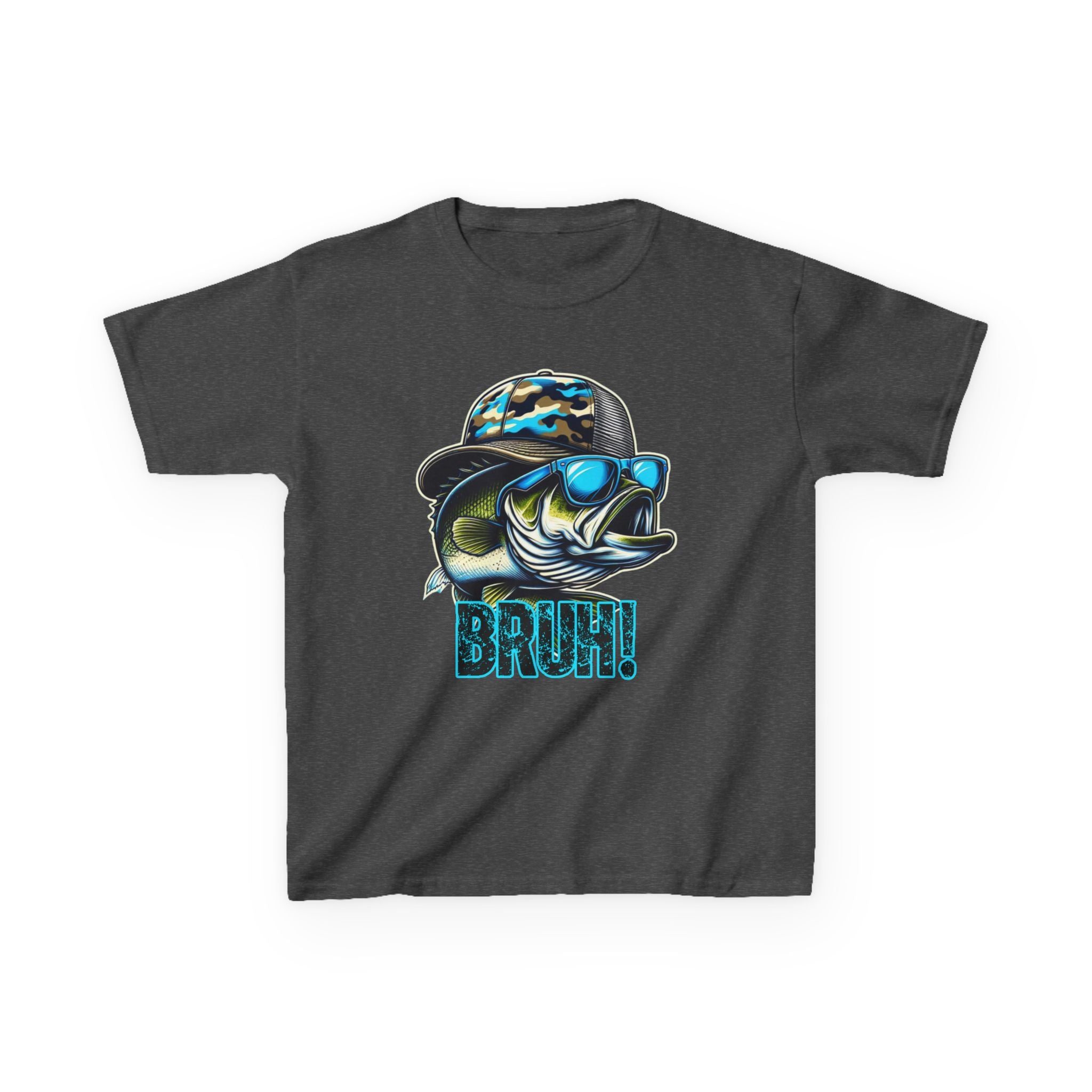 Kids Fishing Tee — Cool Bass Fish Wearing Camo Hat & 'BRUH!' Graphic