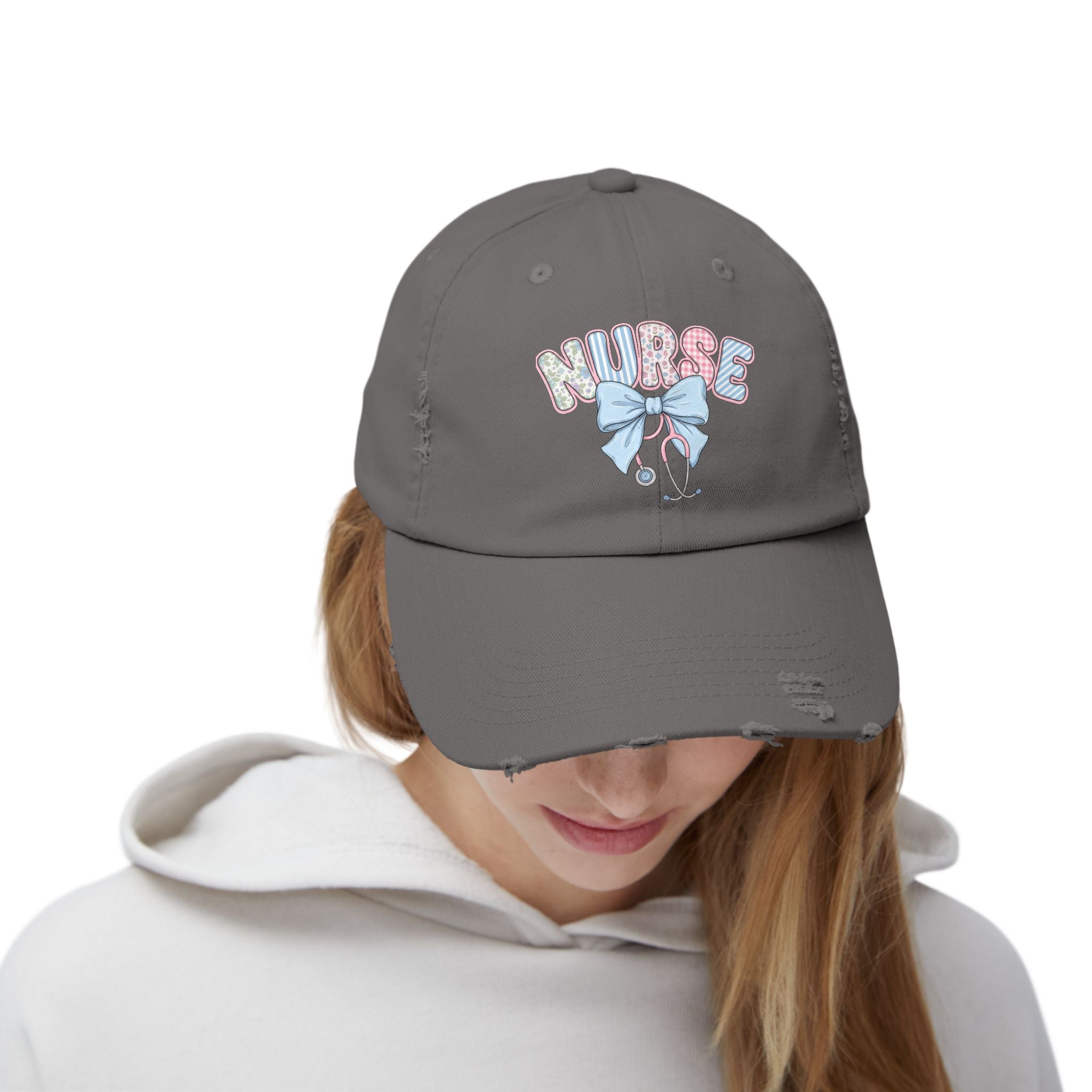 Nurse Distressed Cap Pink Floral Letters with Blue Bow