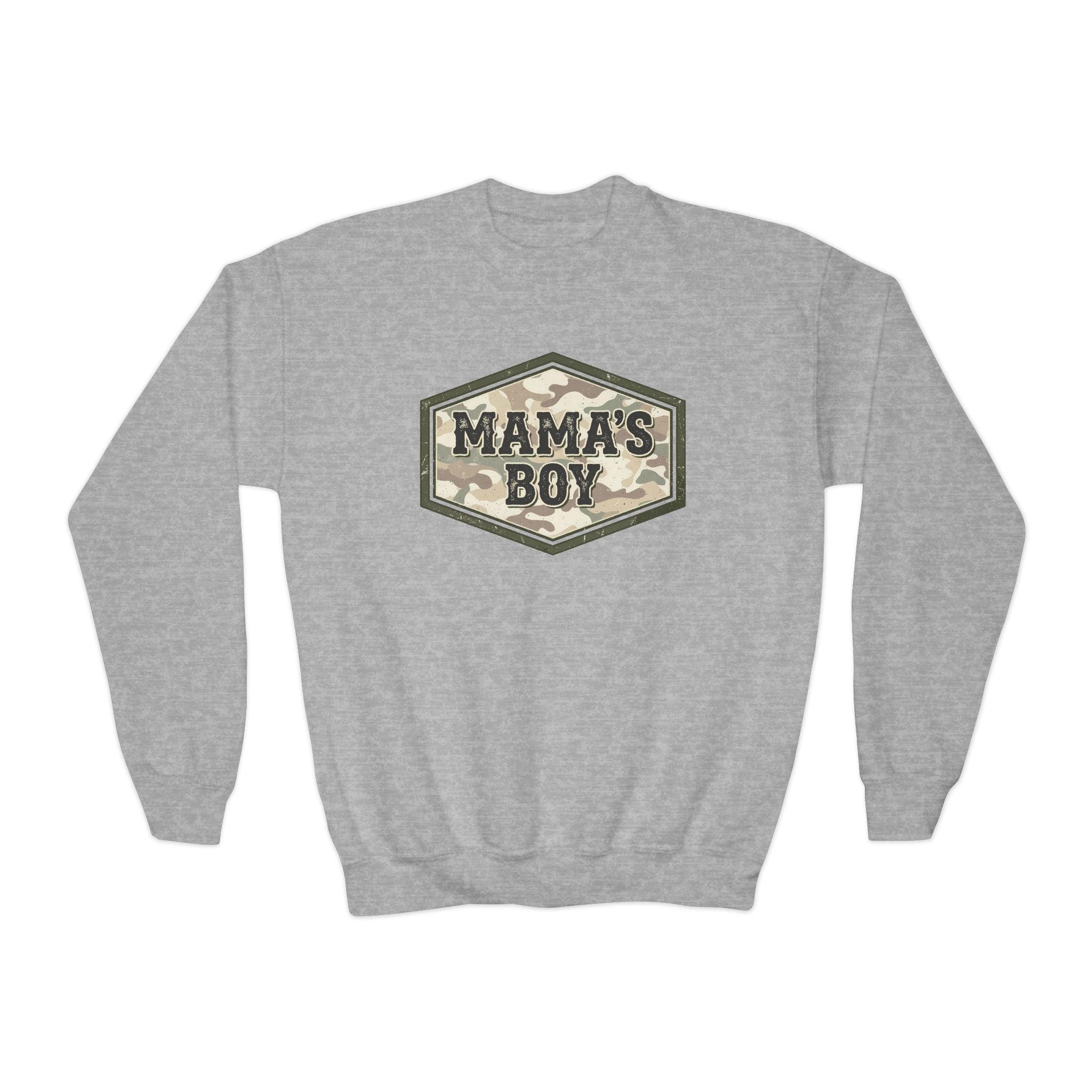 Mama's Boy Youth Crewneck Sweatshirt — Camo Badge Kids Pullover