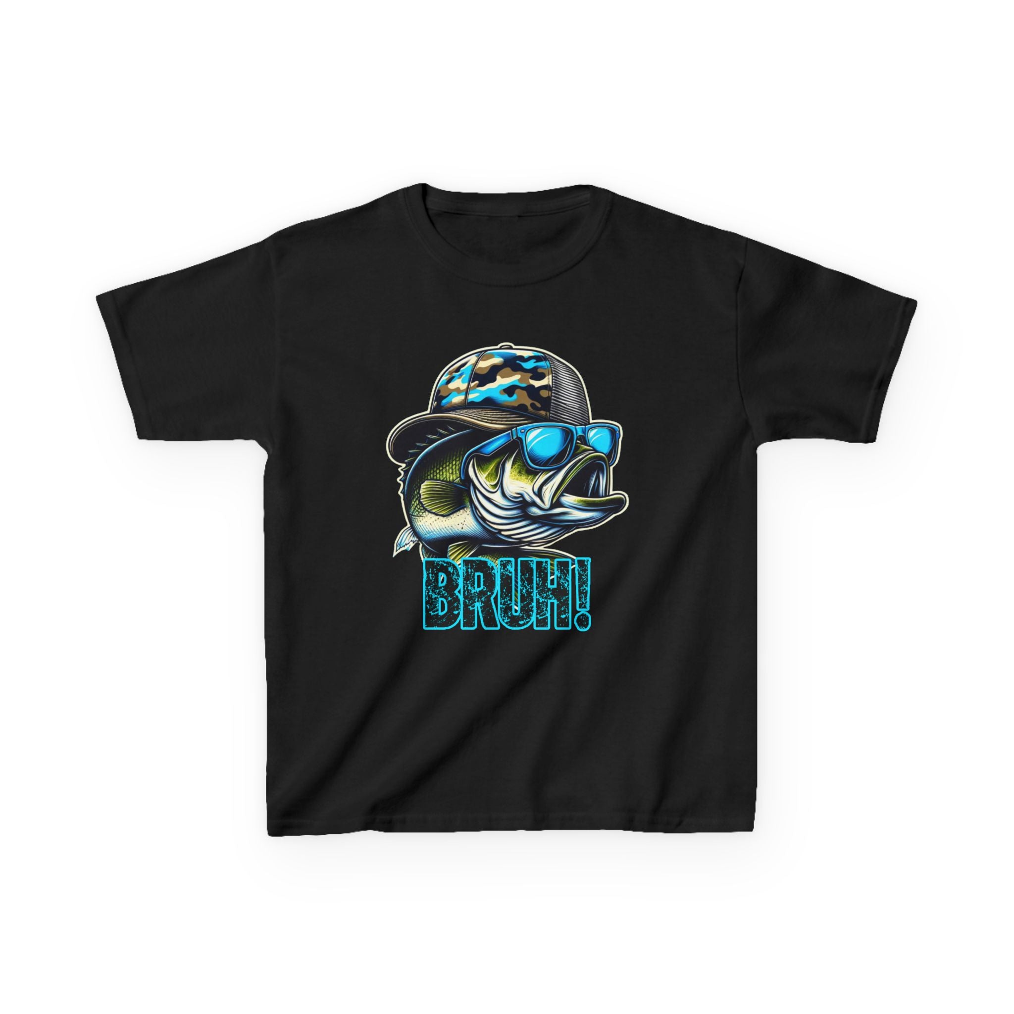 Kids Fishing Tee — Cool Bass Fish Wearing Camo Hat & 'BRUH!' Graphic