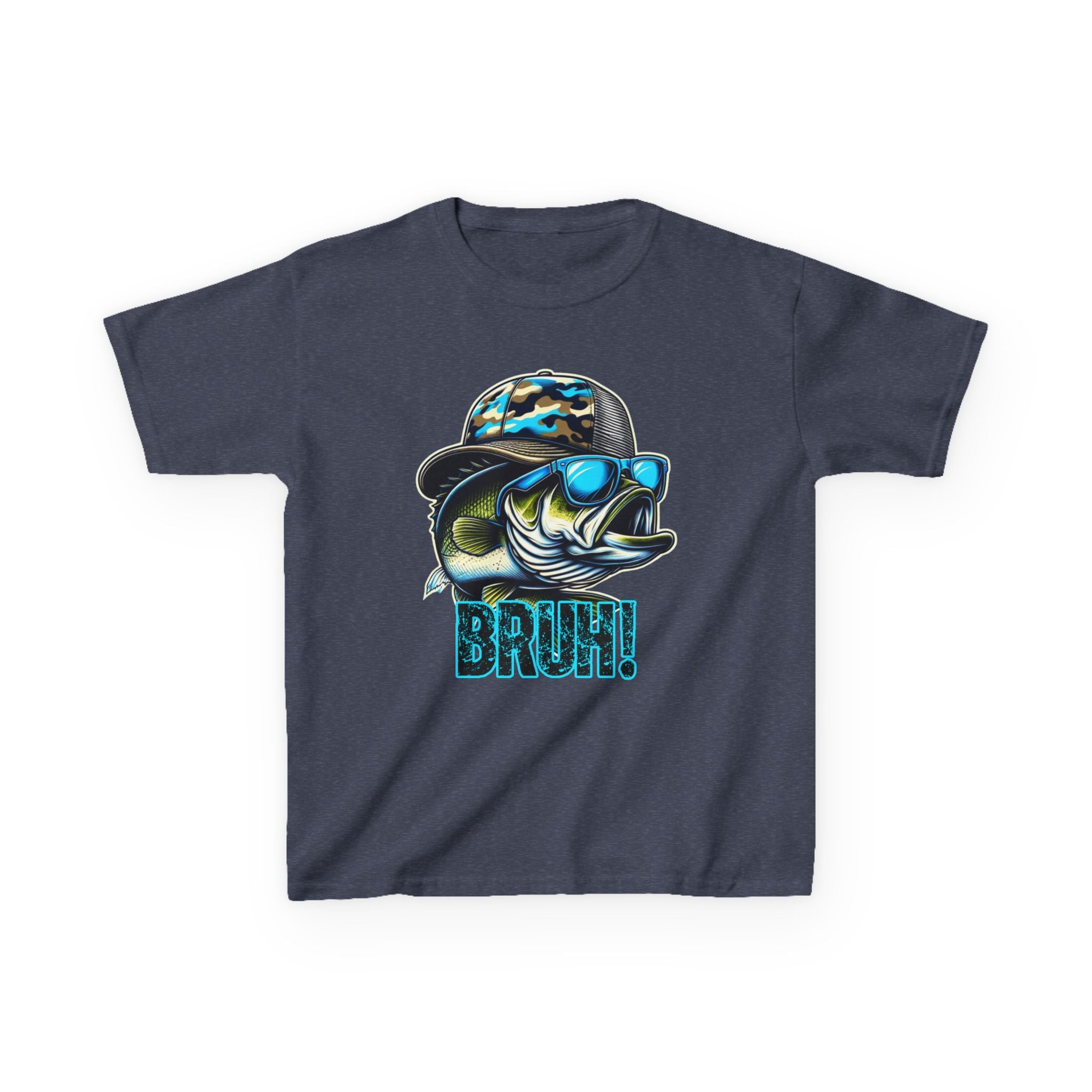 Kids Fishing Tee — Cool Bass Fish Wearing Camo Hat & 'BRUH!' Graphic