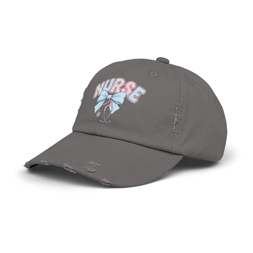 Nurse Distressed Cap Pink Floral Letters with Blue Bow