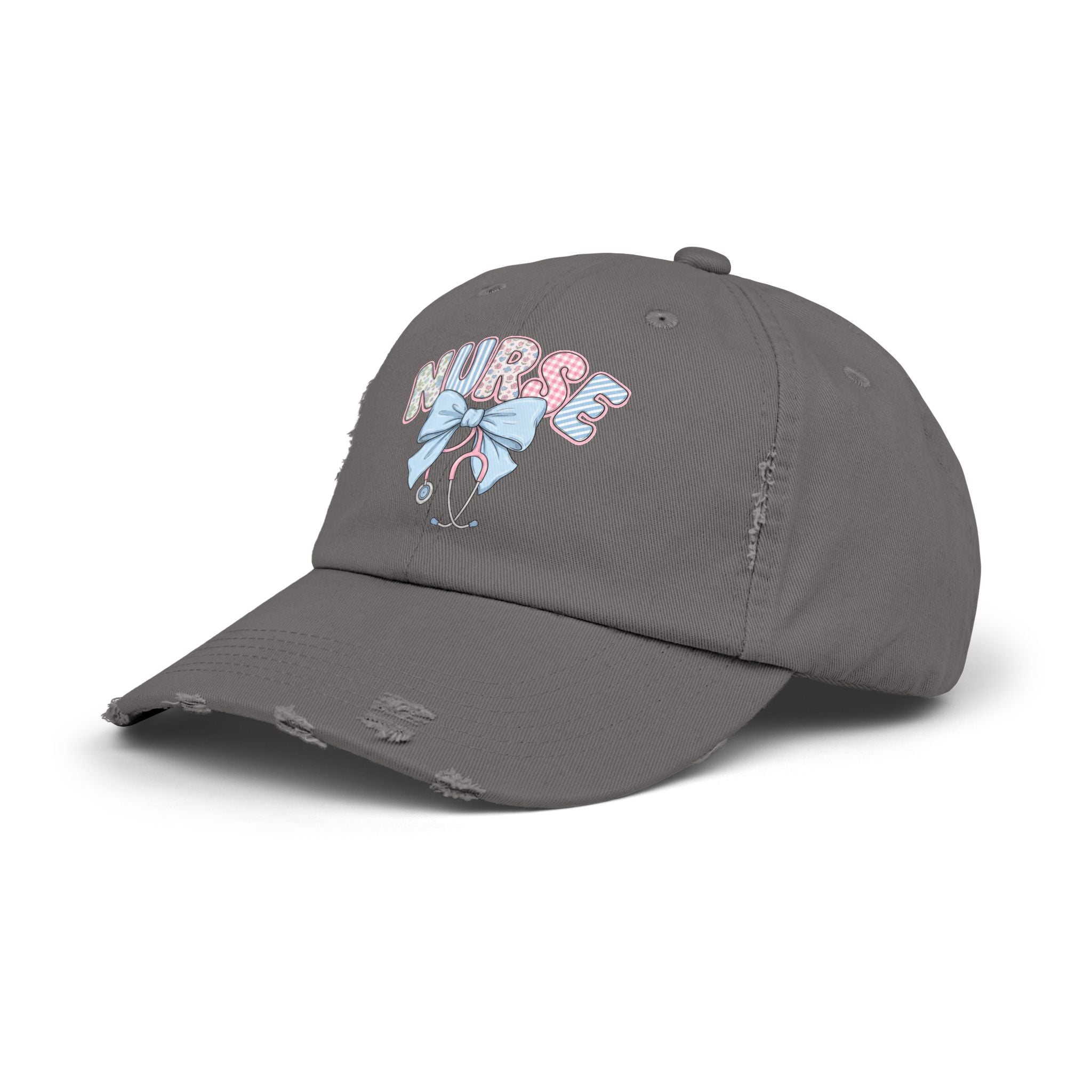 Nurse Distressed Cap Pink Floral Letters with Blue Bow