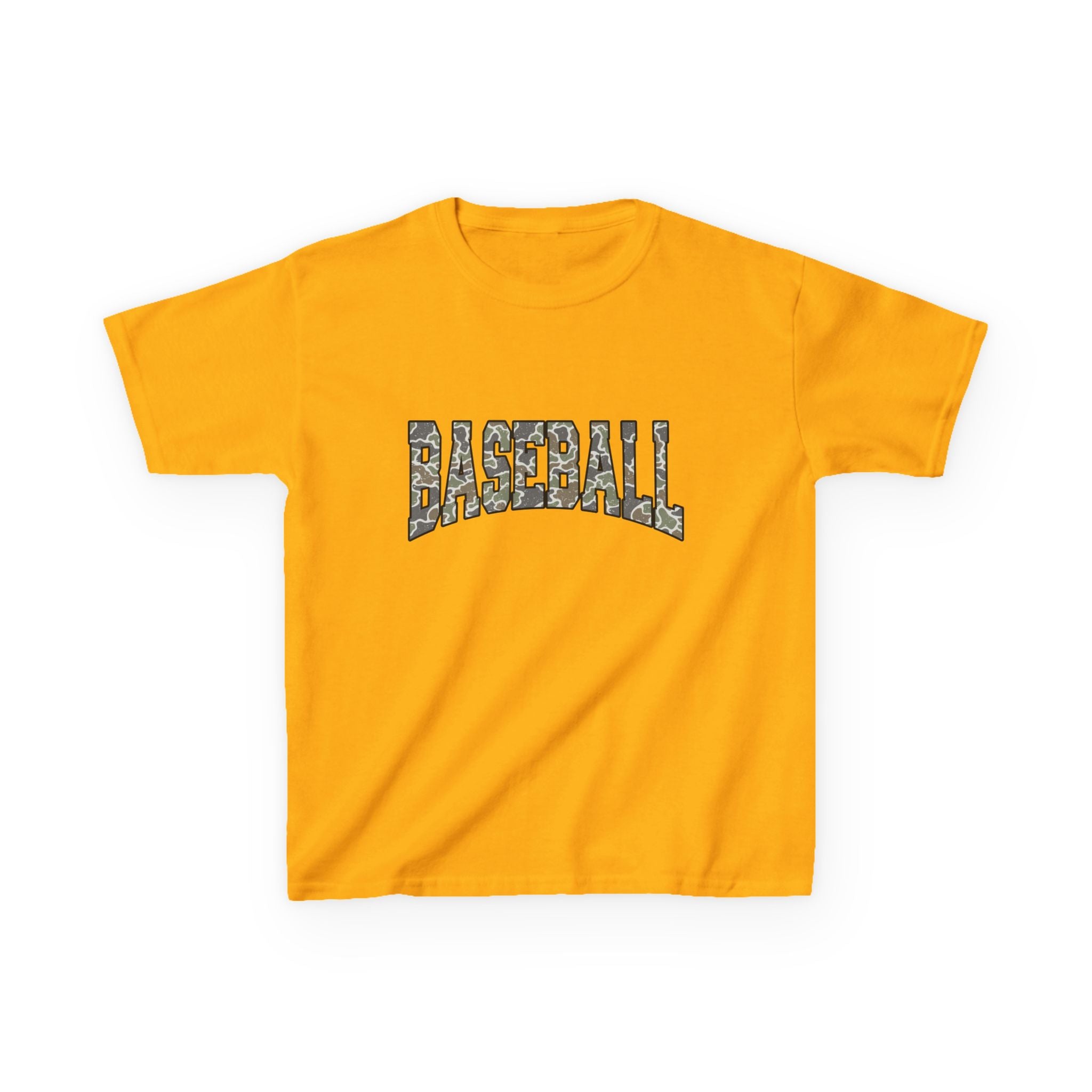 Kids Baseball Tee — Camo Lettering Youth Sports Shirt
