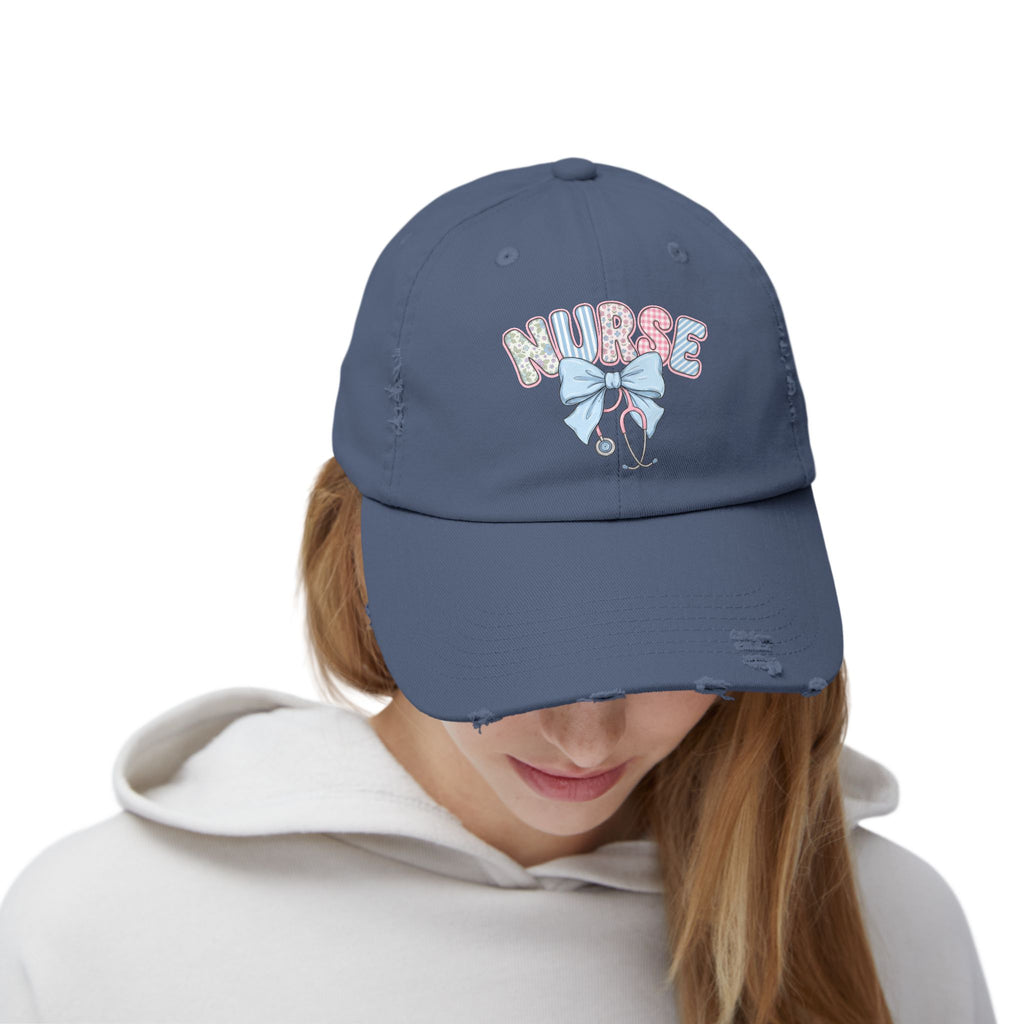 Nurse Distressed Cap Pink Floral Letters with Blue Bow