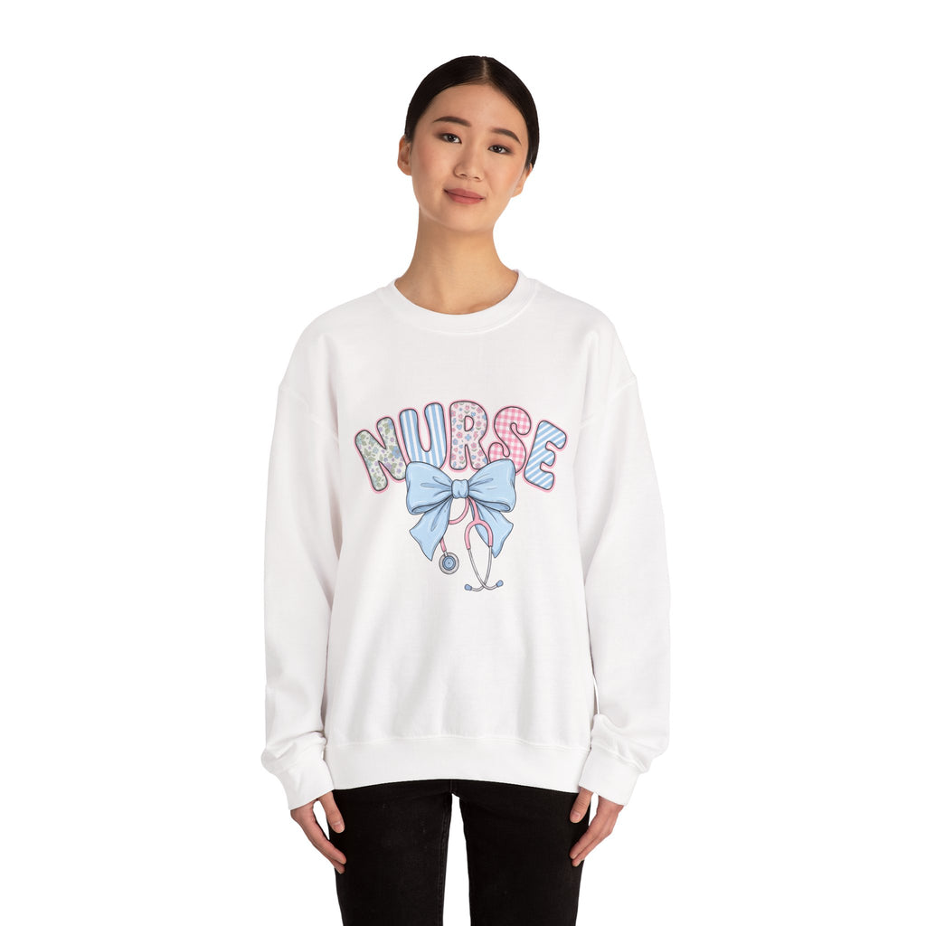 Nurse Crewneck Sweatshirt Pastel Bow & Stethoscope Design