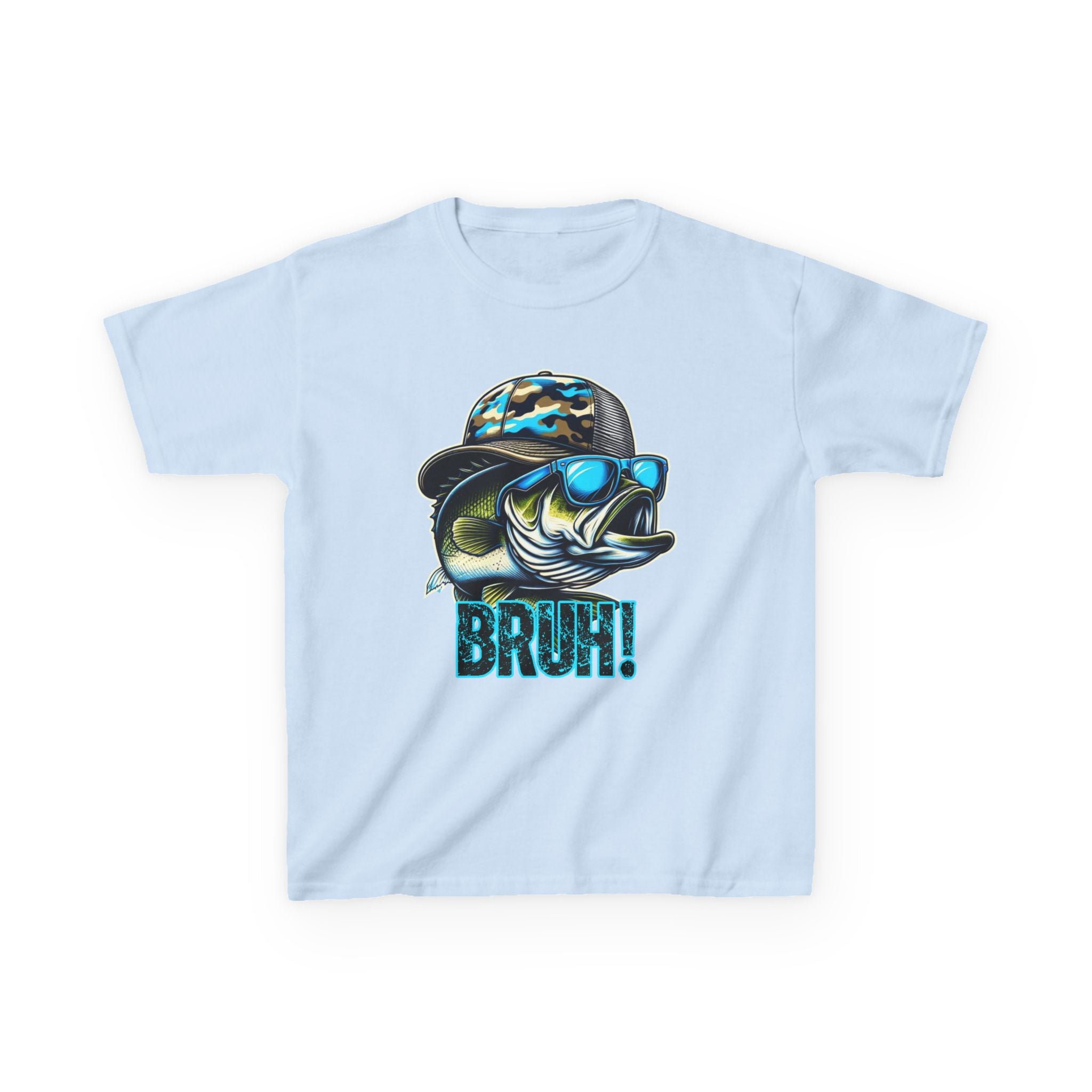 Kids Fishing Tee — Cool Bass Fish Wearing Camo Hat & 'BRUH!' Graphic