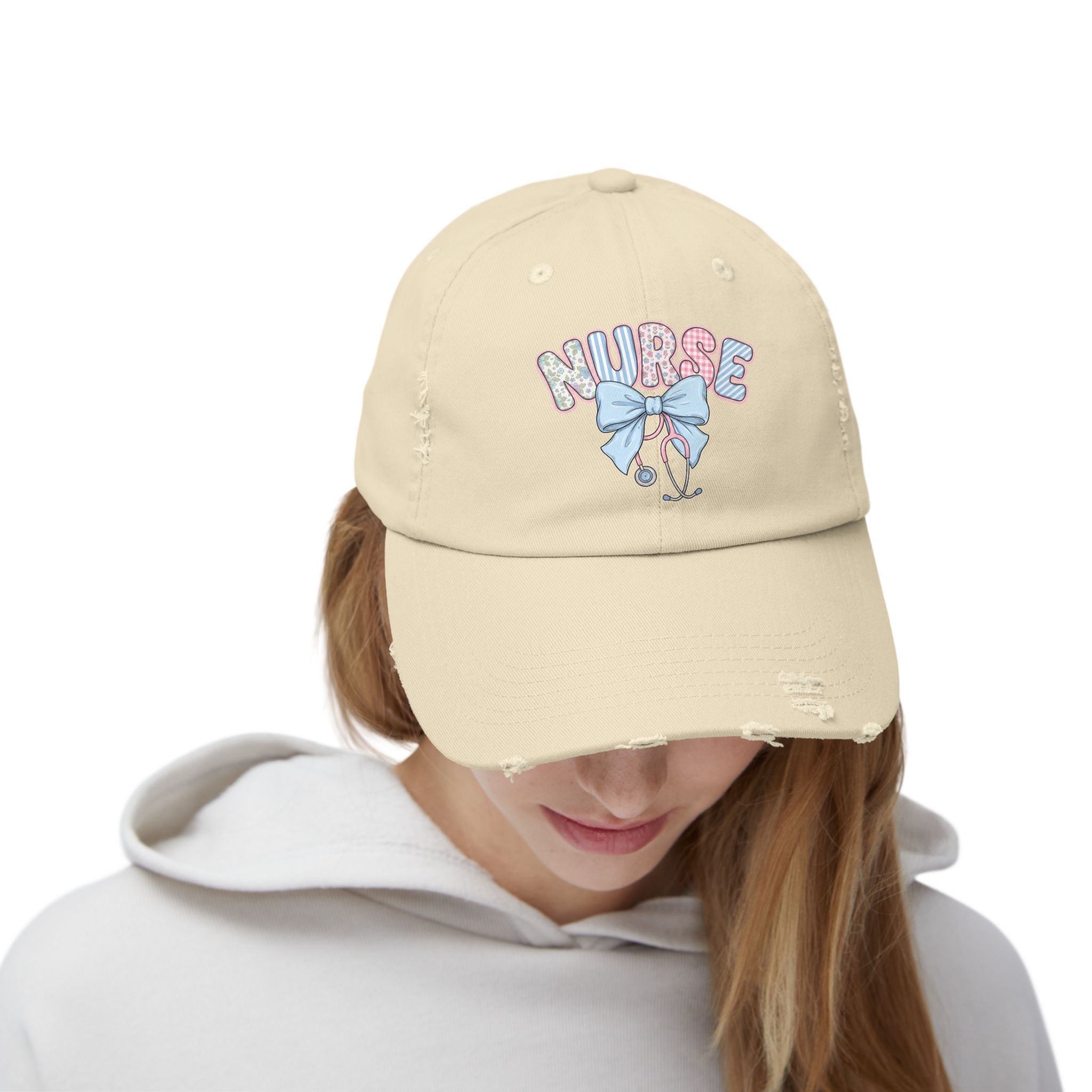 Nurse Distressed Cap Pink Floral Letters with Blue Bow