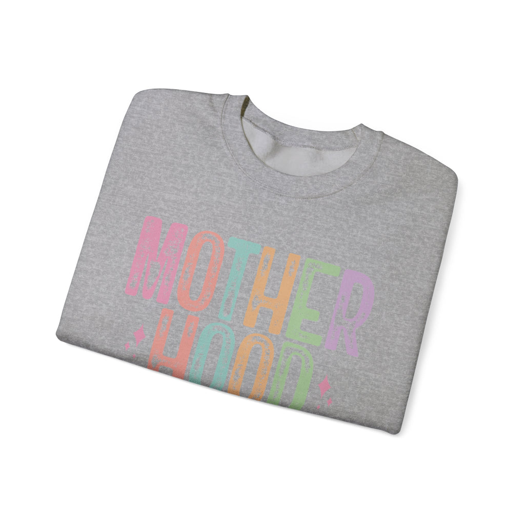 Motherhood Crewneck Sweatshirt — 'Motherhood' Colorful Retro Mom Life Pullover
