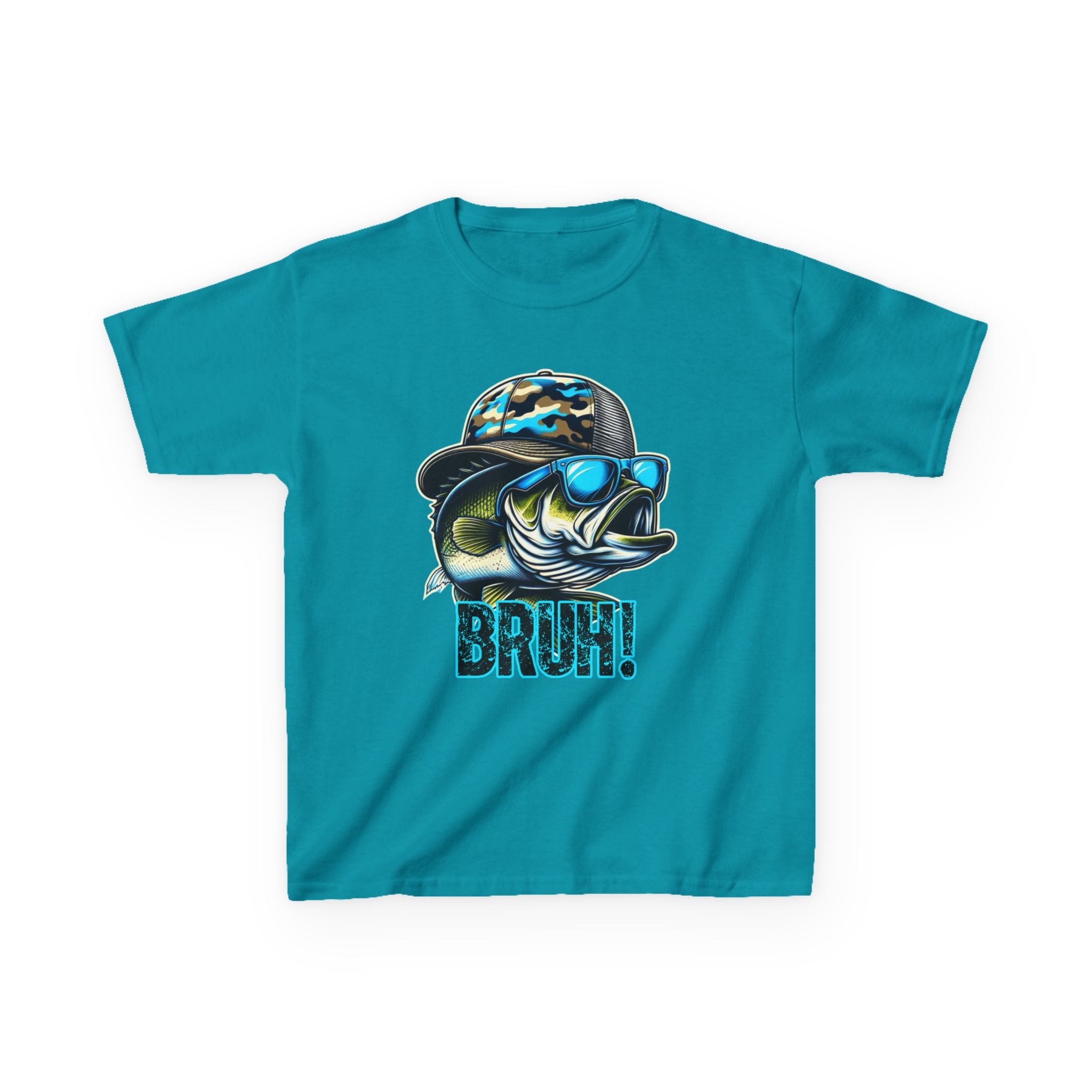 Kids Fishing Tee — Cool Bass Fish Wearing Camo Hat & 'BRUH!' Graphic