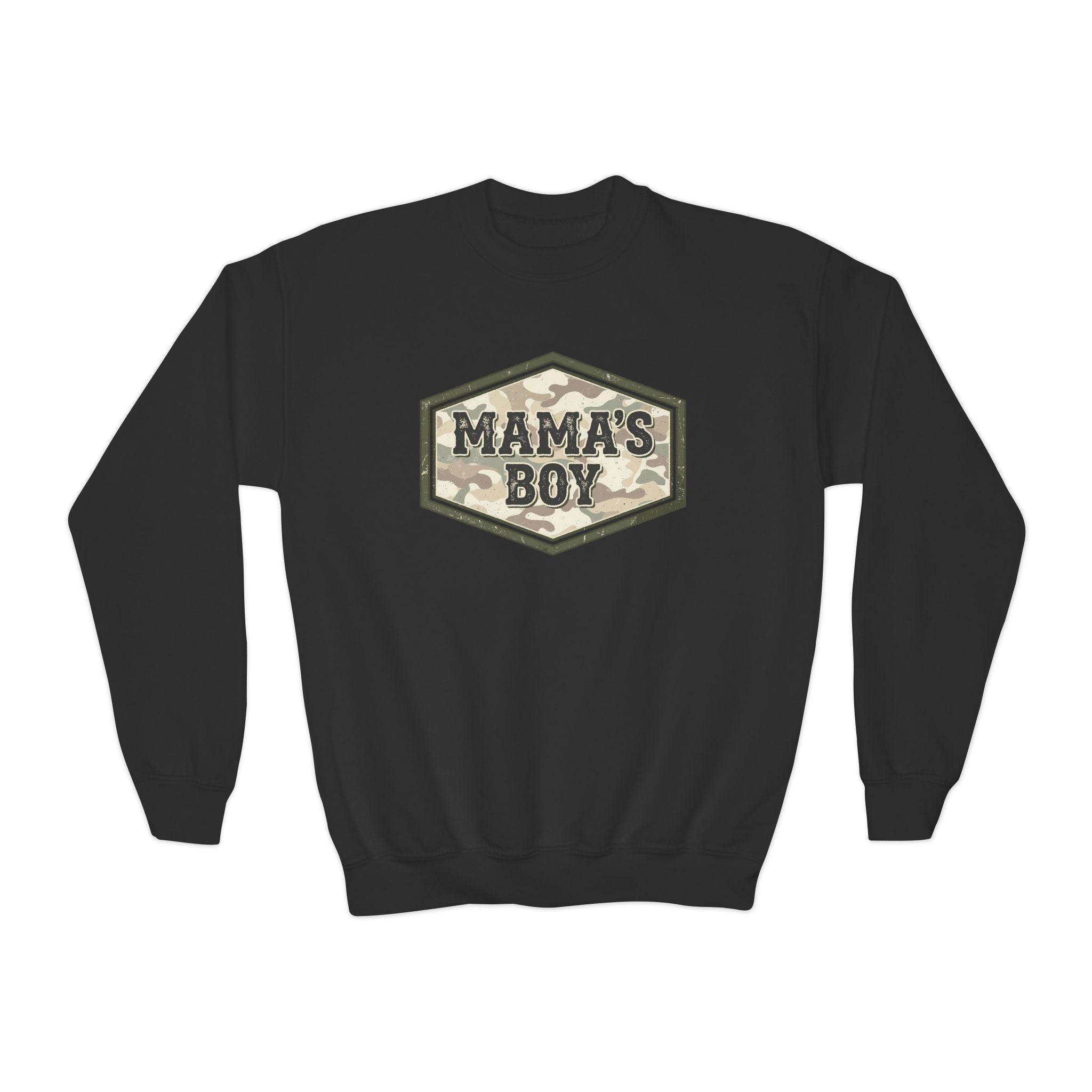 Mama's Boy Youth Crewneck Sweatshirt — Camo Badge Kids Pullover