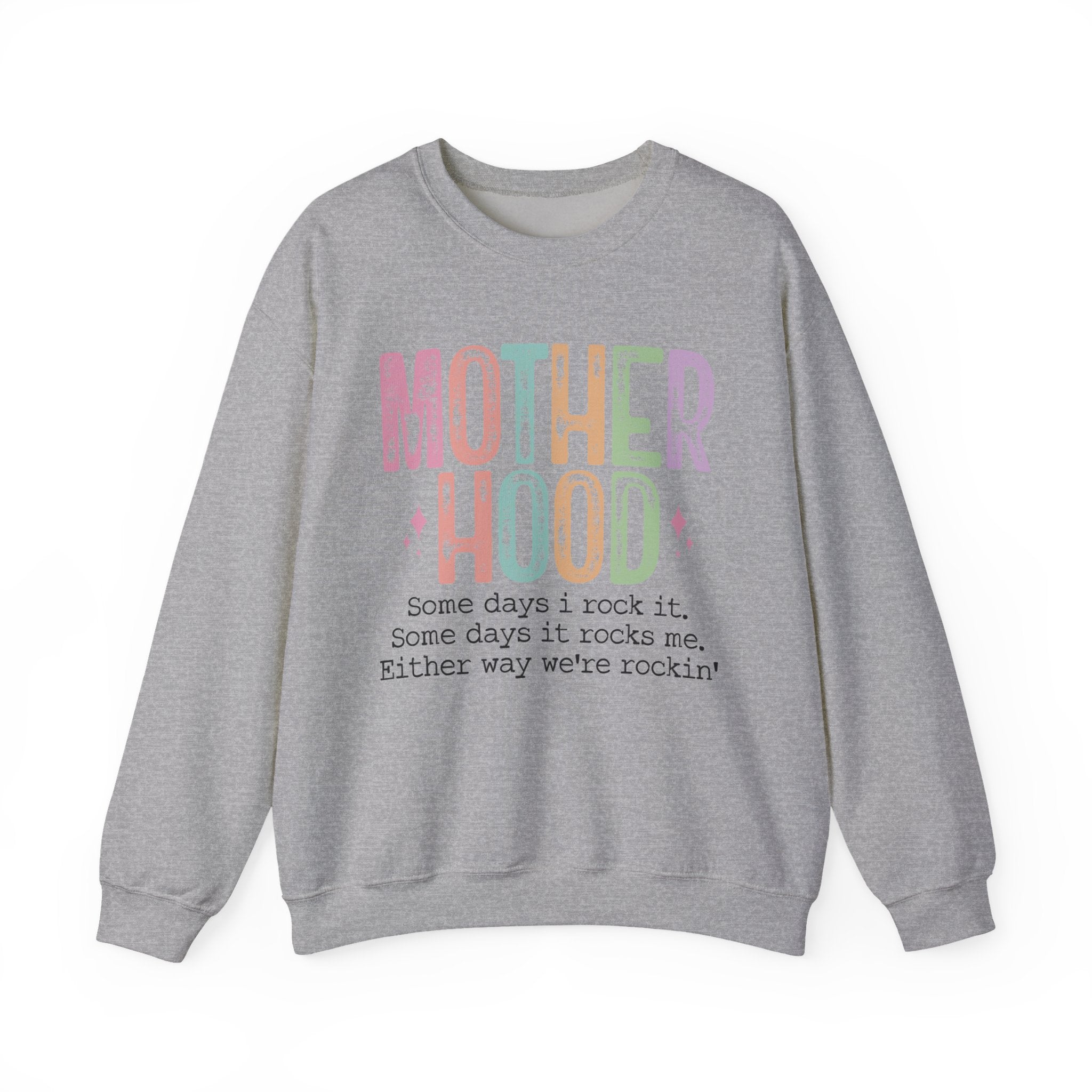 Motherhood Crewneck Sweatshirt — 'Motherhood' Colorful Retro Mom Life Pullover