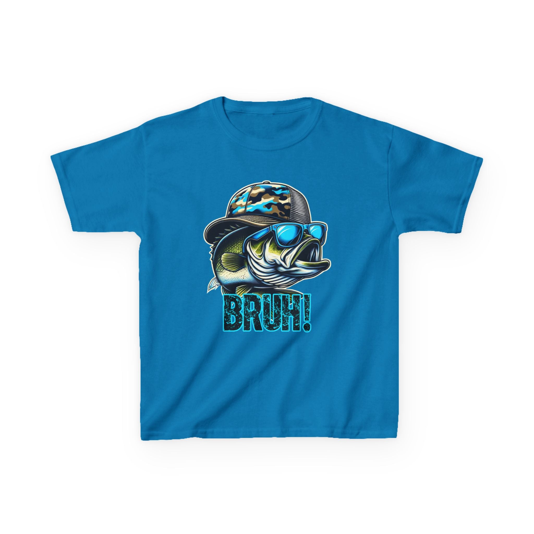 Kids Fishing Tee — Cool Bass Fish Wearing Camo Hat & 'BRUH!' Graphic