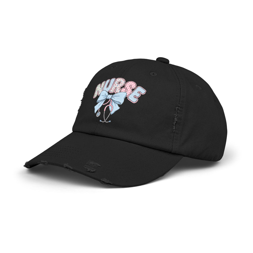 Nurse Distressed Cap Pink Floral Letters with Blue Bow