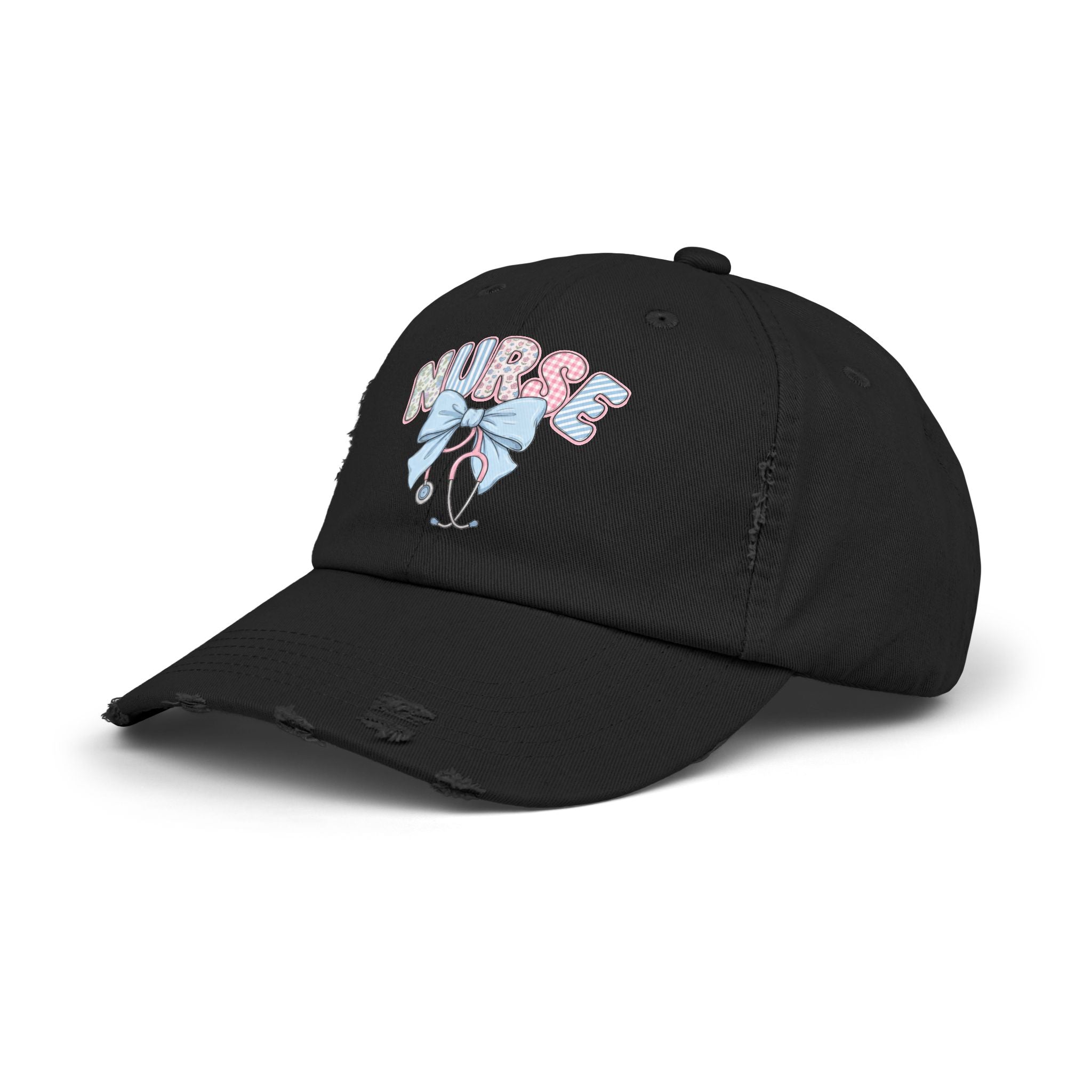 Nurse Distressed Cap Pink Floral Letters with Blue Bow