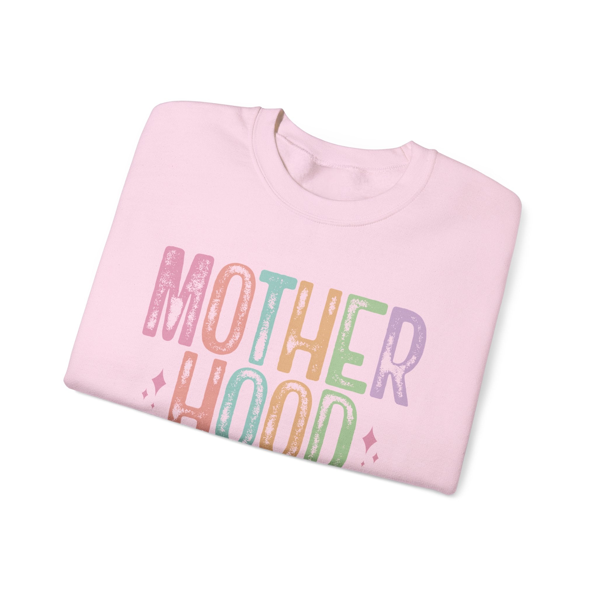 Motherhood Crewneck Sweatshirt — 'Motherhood' Colorful Retro Mom Life Pullover