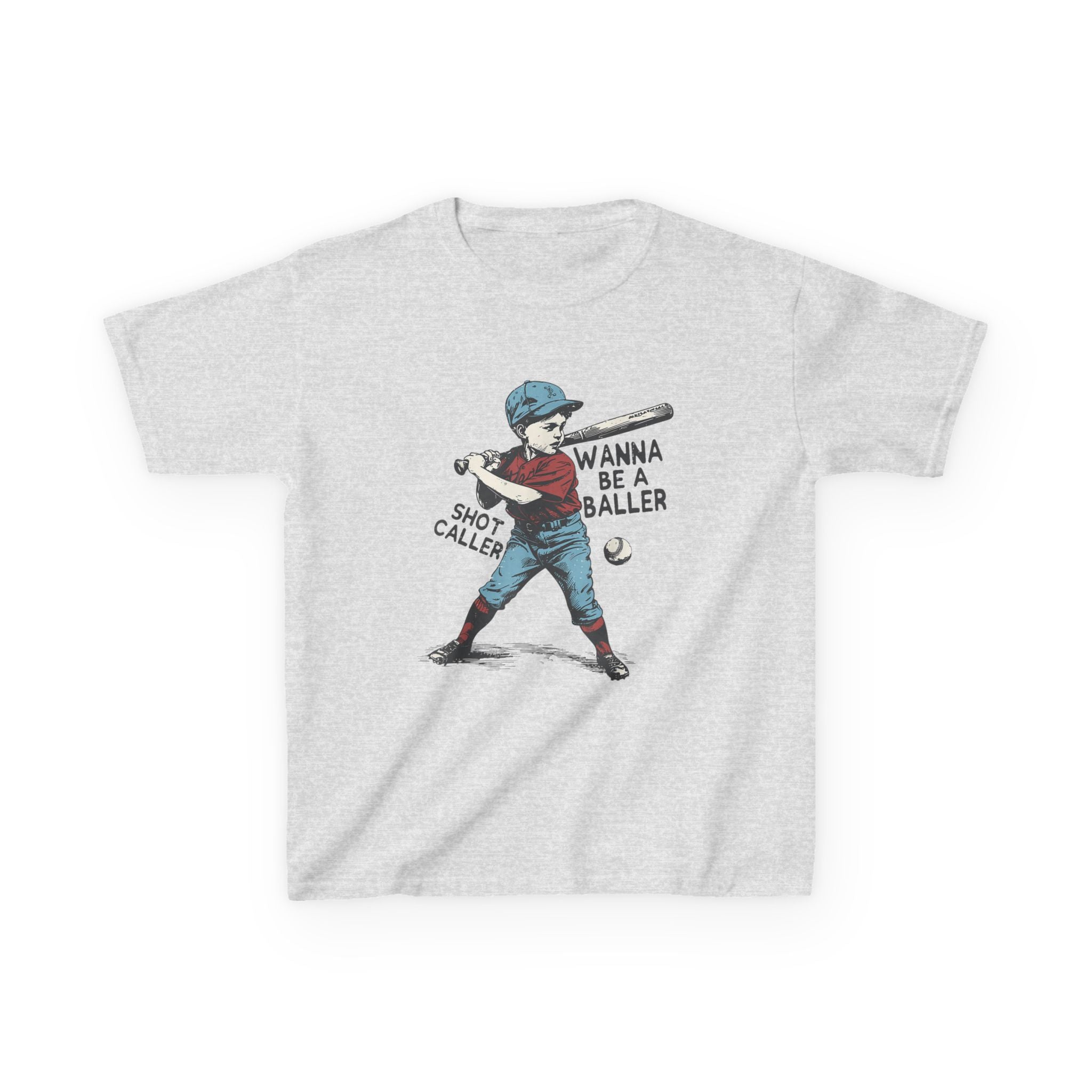 Kids Baseball Tee — "Wanna Be a Baller" Vintage Player Graphic