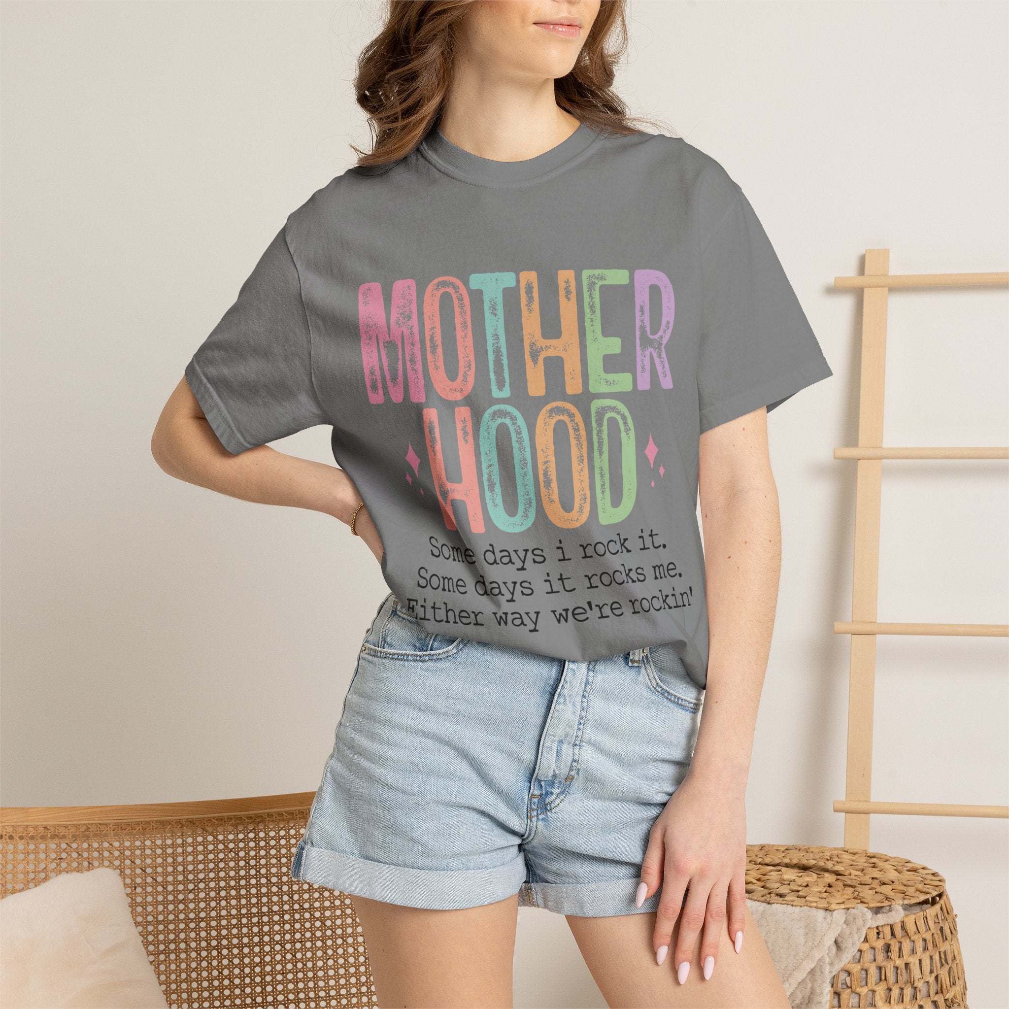 Motherhood Graphic Tee — “Mother Hood: Some days I rock it…”