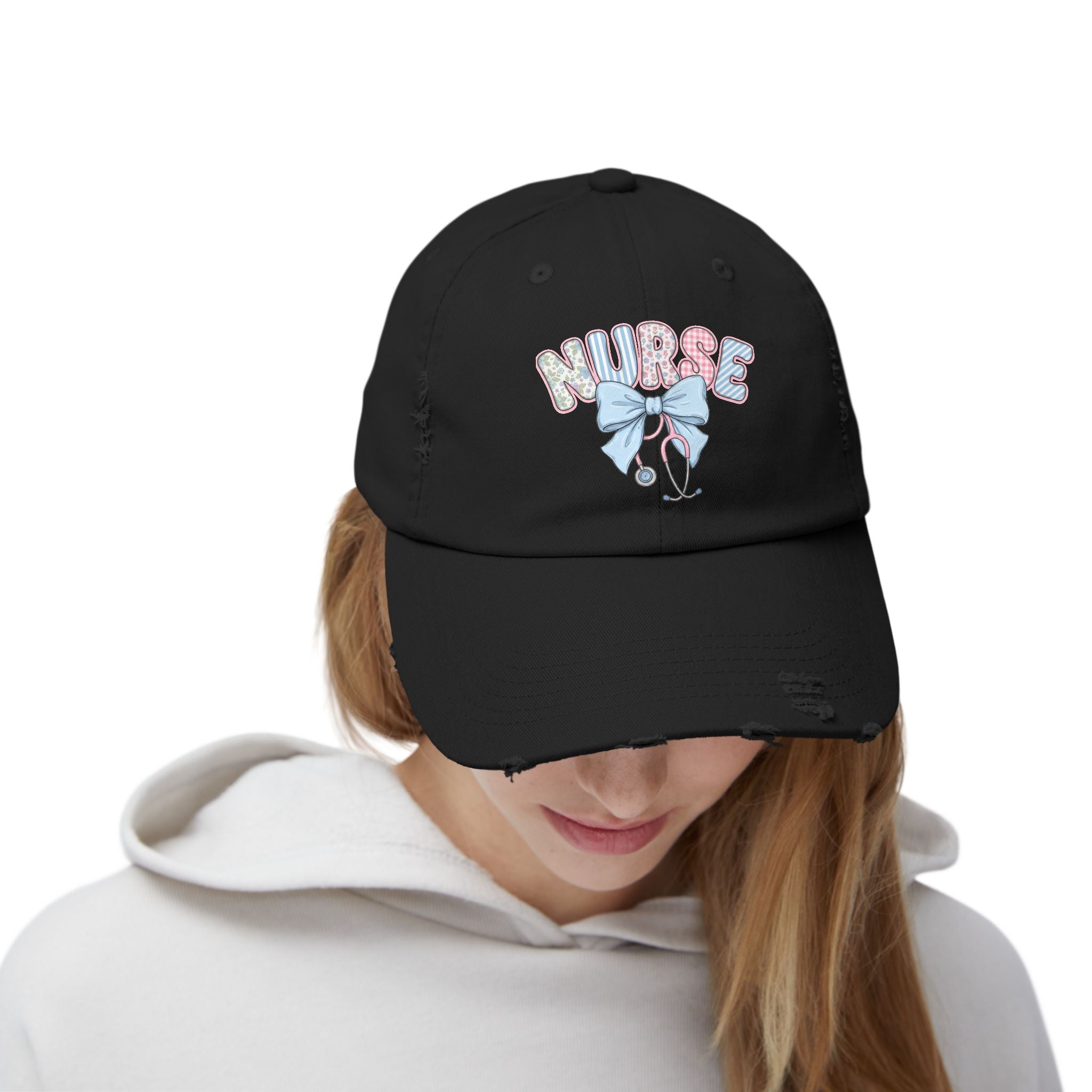 Nurse Distressed Cap Pink Floral Letters with Blue Bow