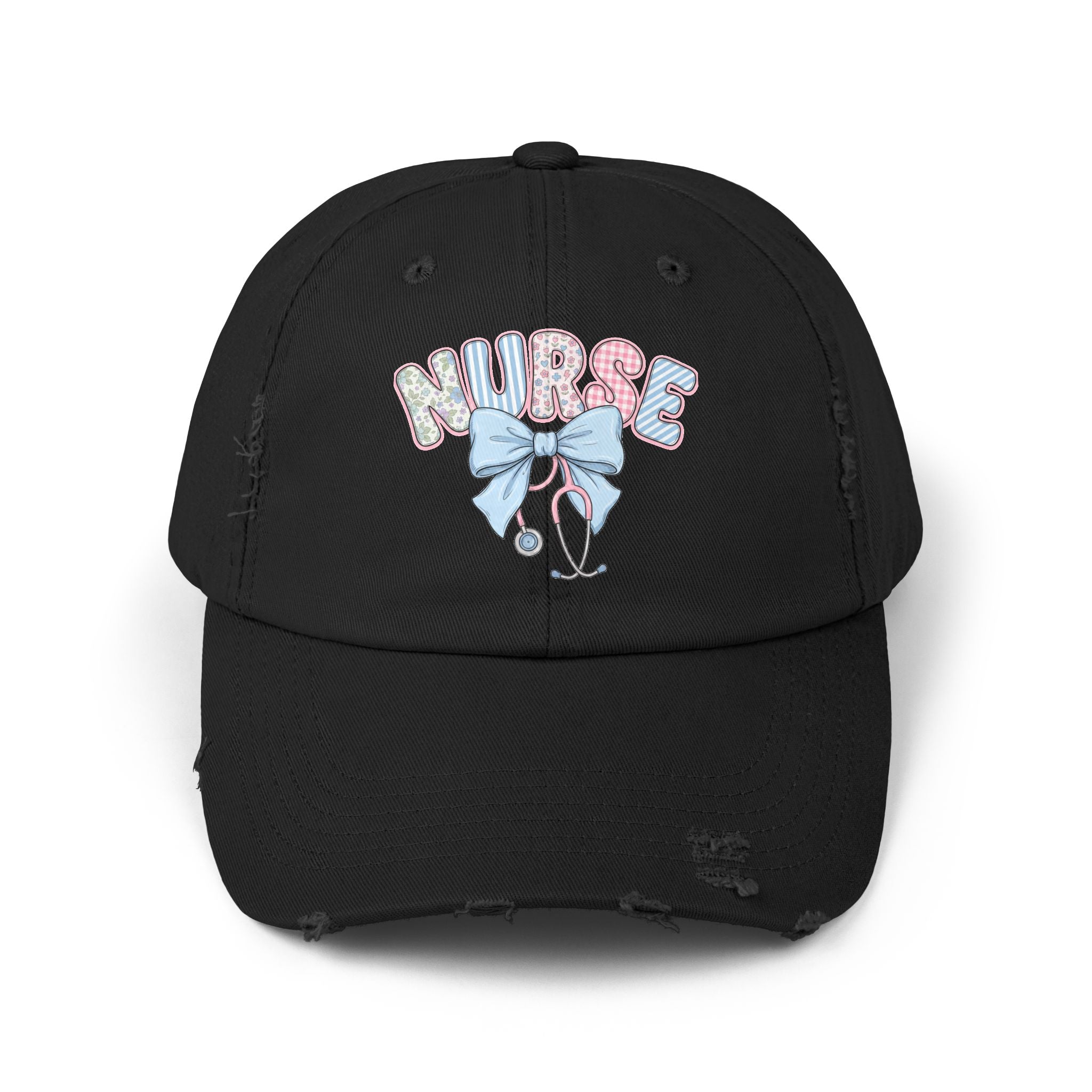 Nurse Distressed Cap Pink Floral Letters with Blue Bow