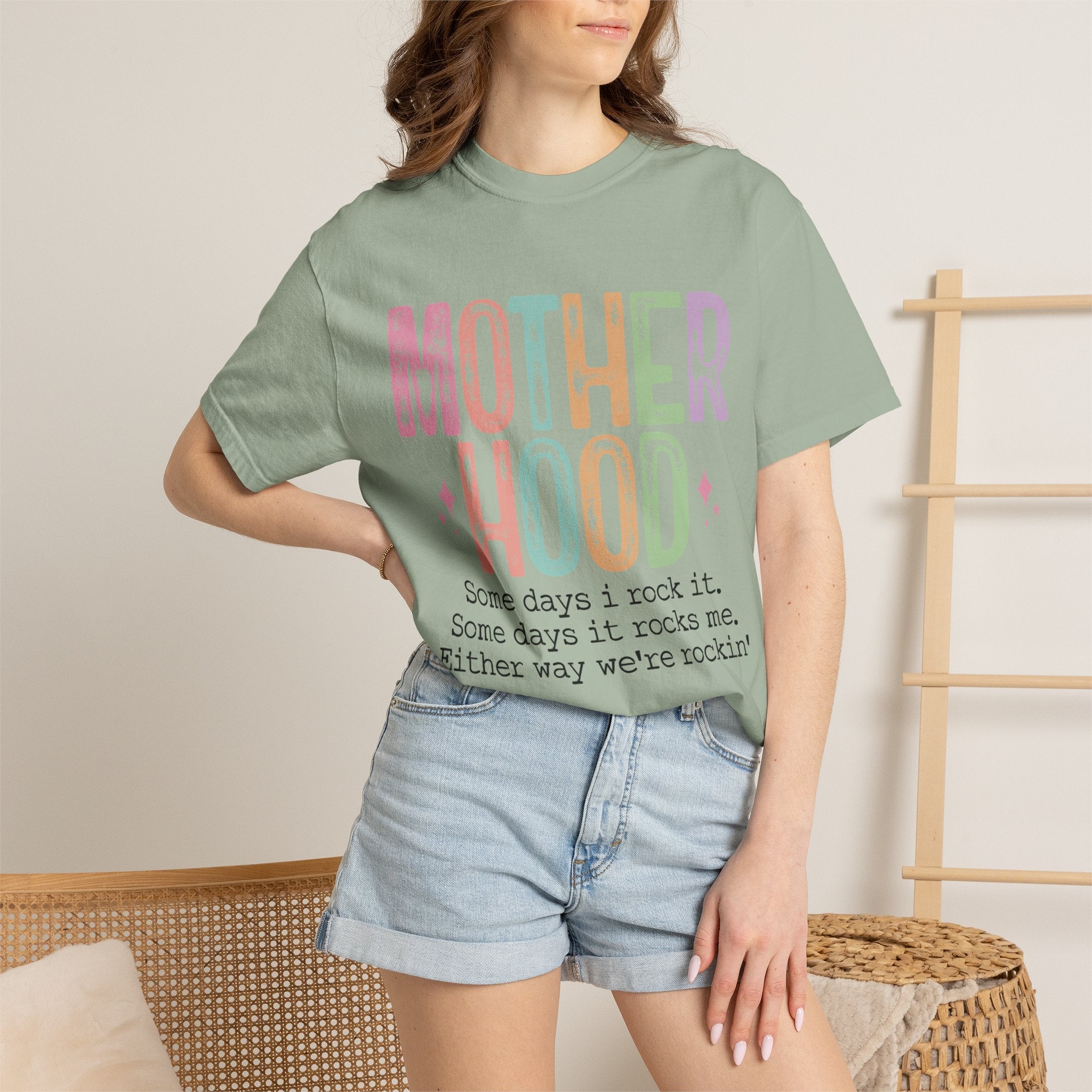 Motherhood Graphic Tee — “Mother Hood: Some days I rock it…”